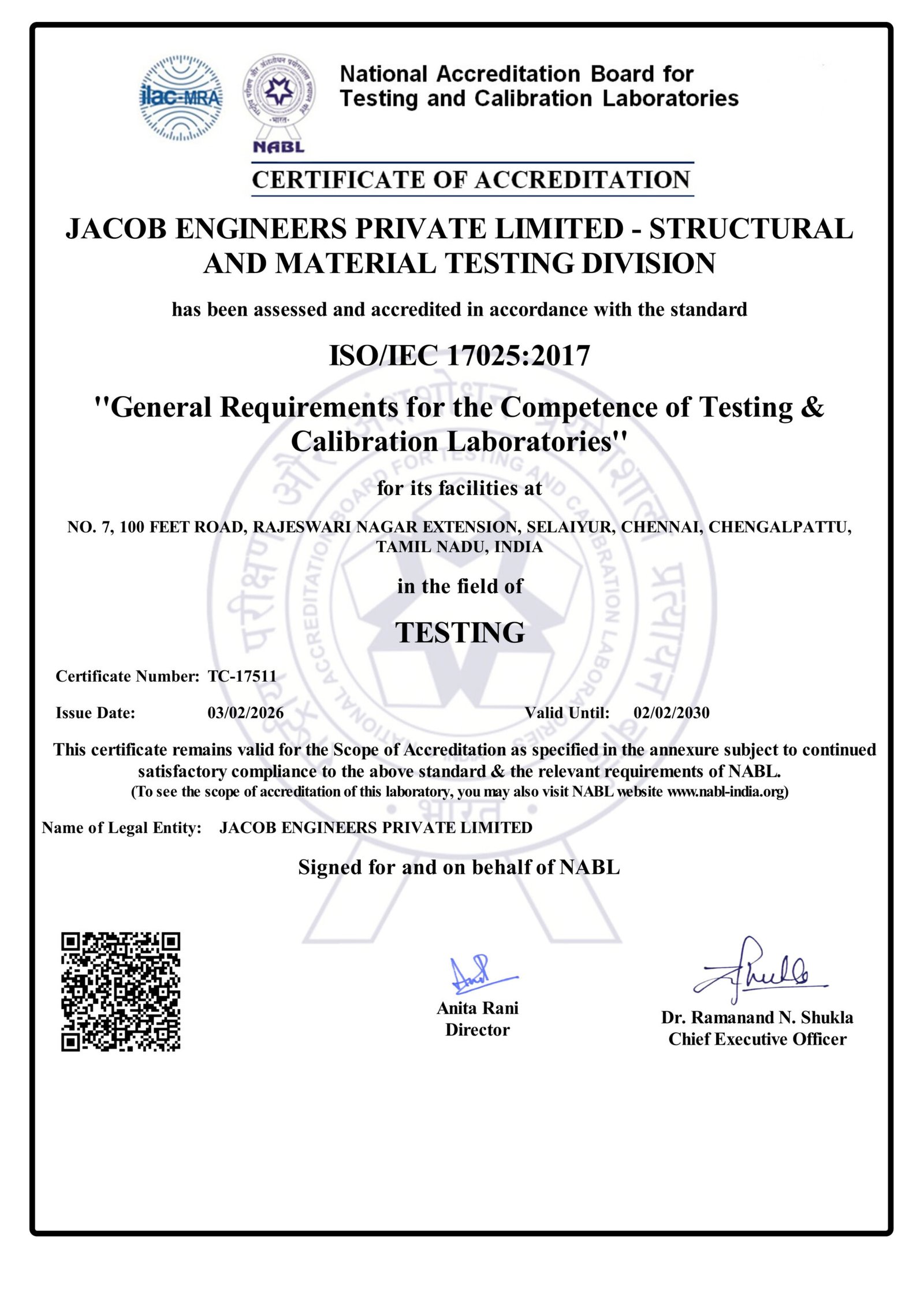 NABL Accredited Laboratory Certificate Jacob Engineers Chennai